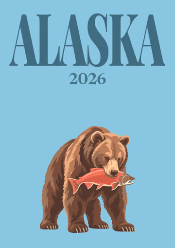 Alaska illustrated travel photo book cover with a brown bear carrying a salmon on sky blue