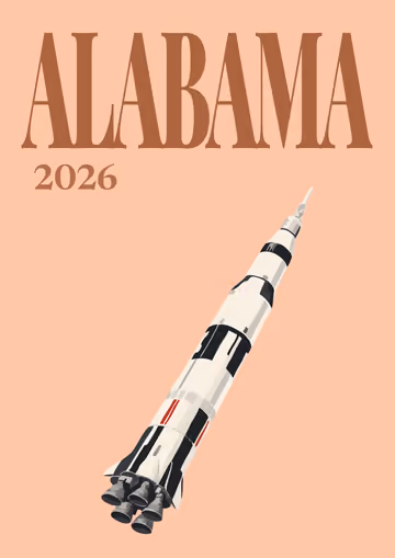 Alabama illustrated travel photo book cover with a Saturn V rocket on peach