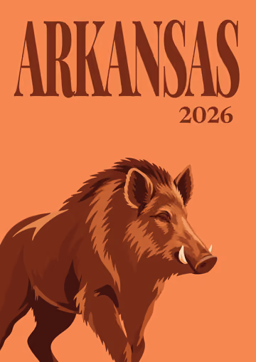 Arkansas illustrated travel photo book cover with a wild boar on orange