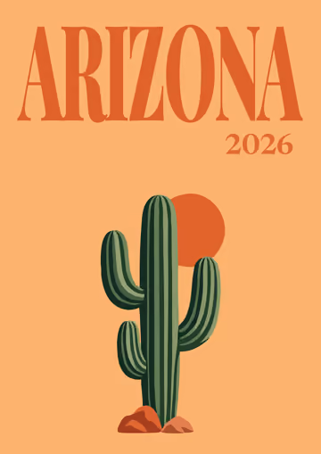 Arizona illustrated travel photo book cover with a saguaro cactus and the sun on orange