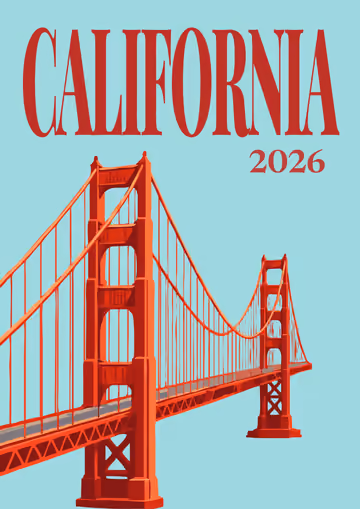 California illustrated travel photo book cover with the Golden Gate Bridge on aqua