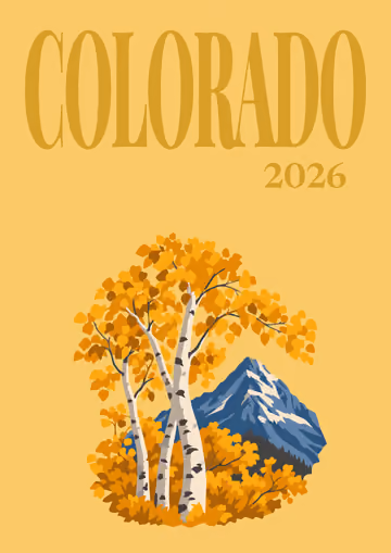 Colorado illustrated travel photo book cover with golden aspen trees and a snowy peak on yellow