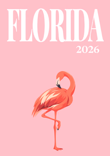 Florida illustrated travel photo book cover with a pink flamingo on pink