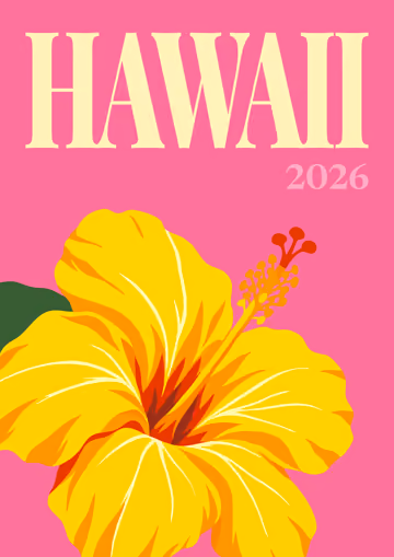 Hawaii illustrated travel photo book cover with a yellow hibiscus on pink