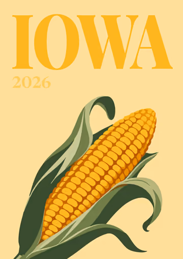 Iowa illustrated travel photo book cover with an ear of corn on yellow
