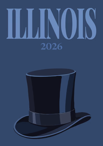 Illinois illustrated travel photo book cover with a black top hat on navy