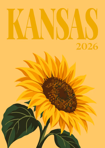 Kansas illustrated travel photo book cover with a sunflower on yellow