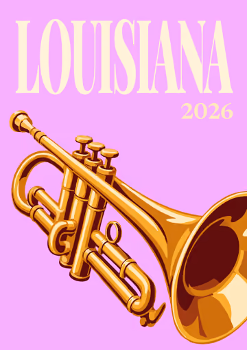 Louisiana illustrated travel photo book cover with a brass trumpet on lilac