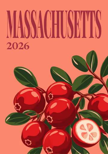 Massachusetts illustrated travel photo book cover with cranberries on coral