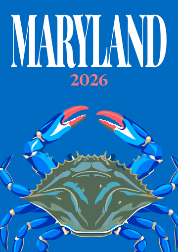 Maryland illustrated travel photo book cover with a blue crab on blue