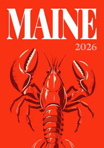 Maine illustrated travel photo book cover with a red lobster on red