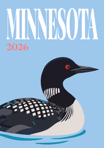 Minnesota illustrated travel photo book cover with a loon on the water on pale blue