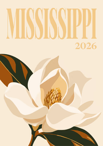 Mississippi illustrated travel photo book cover with a white magnolia flower on cream