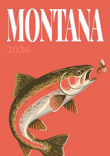 Montana illustrated travel photo book cover with a leaping trout on red