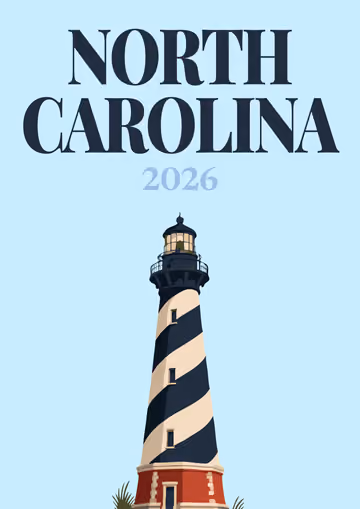 North Carolina illustrated travel photo book cover with a striped lighthouse on pale blue
