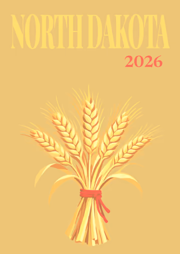 North Dakota illustrated travel photo book cover with a sheaf of wheat on gold