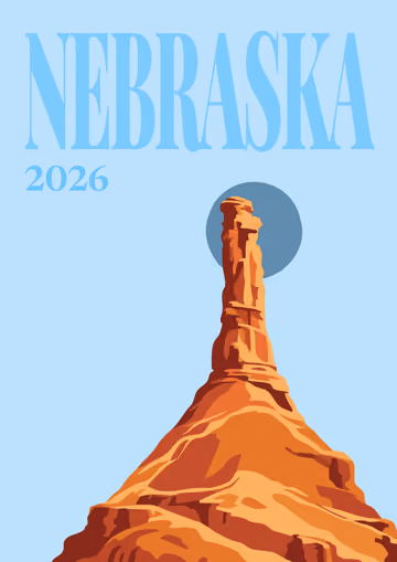 Nebraska illustrated travel photo book cover with a sandstone rock spire on pale blue