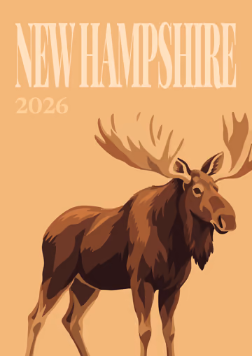 New Hampshire illustrated travel photo book cover with a moose on tan