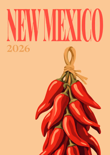 New Mexico illustrated travel photo book cover with a string of red chiles on tan