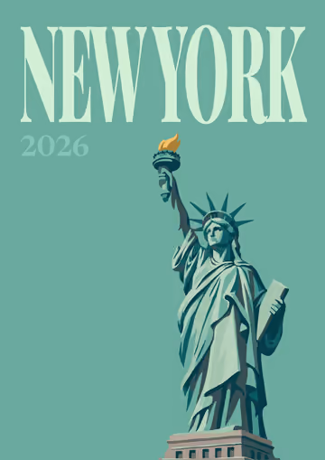 New York illustrated travel photo book cover with the Statue of Liberty on green