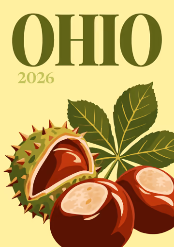 Ohio illustrated travel photo book cover with buckeye nuts and leaves on yellow