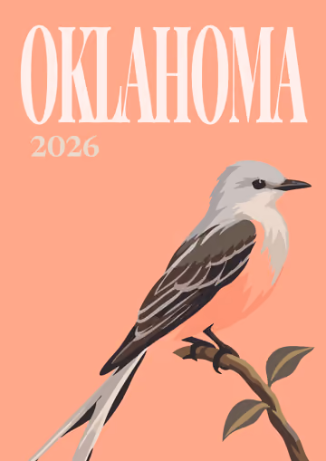 Oklahoma illustrated travel photo book cover with a scissor-tailed flycatcher on salmon pink