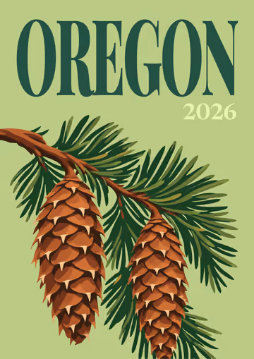 Oregon illustrated travel photo book cover with pine cones on a branch on green