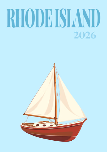 Rhode Island illustrated travel photo book cover with a sailboat on pale blue