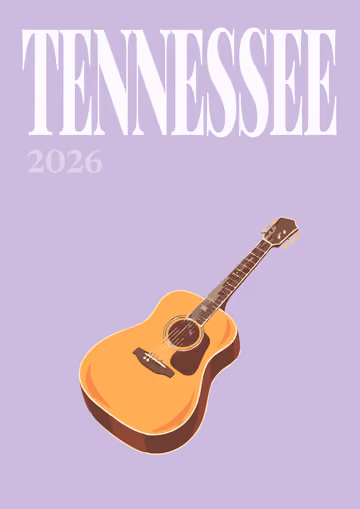Tennessee illustrated travel photo book cover with an acoustic guitar on lilac