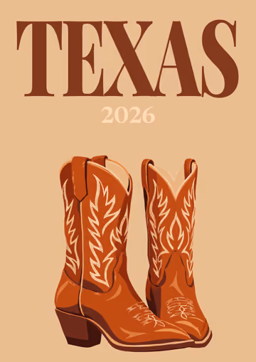 Texas illustrated travel photo book cover with cowboy boots on tan