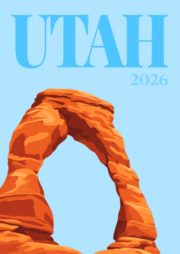 Utah illustrated travel photo book cover with a red rock arch on pale blue