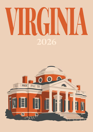 Virginia illustrated travel photo book cover with a domed brick house with white columns on beige