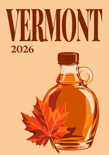 Vermont illustrated travel photo book cover with a jug of maple syrup and a maple leaf on tan