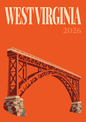 West Virginia illustrated travel photo book cover with a steel arch bridge on orange