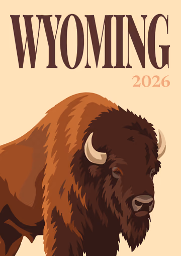 Wyoming illustrated travel photo book cover with a bison on cream