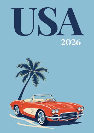 USA illustrated travel photo book cover with the corvette and palm artwork