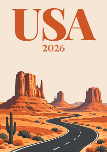 USA illustrated travel photo book cover with the Monument Valley road artwork