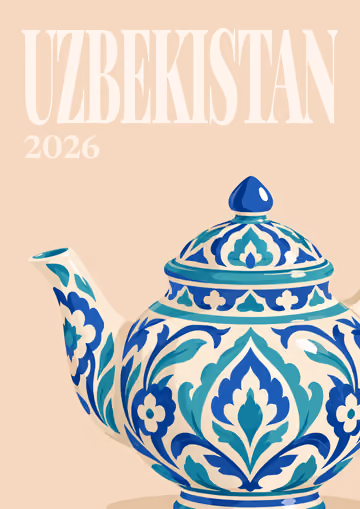 Uzbekistan illustrated travel photo book cover with the blue Rishtan teapot artwork