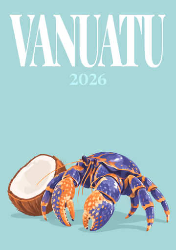 Vanuatu illustrated travel photo book cover with the coconut crab artwork