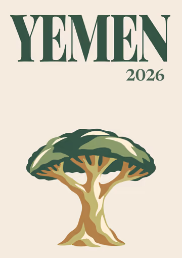 Yemen illustrated travel photo book cover with a dragon's blood tree on cream