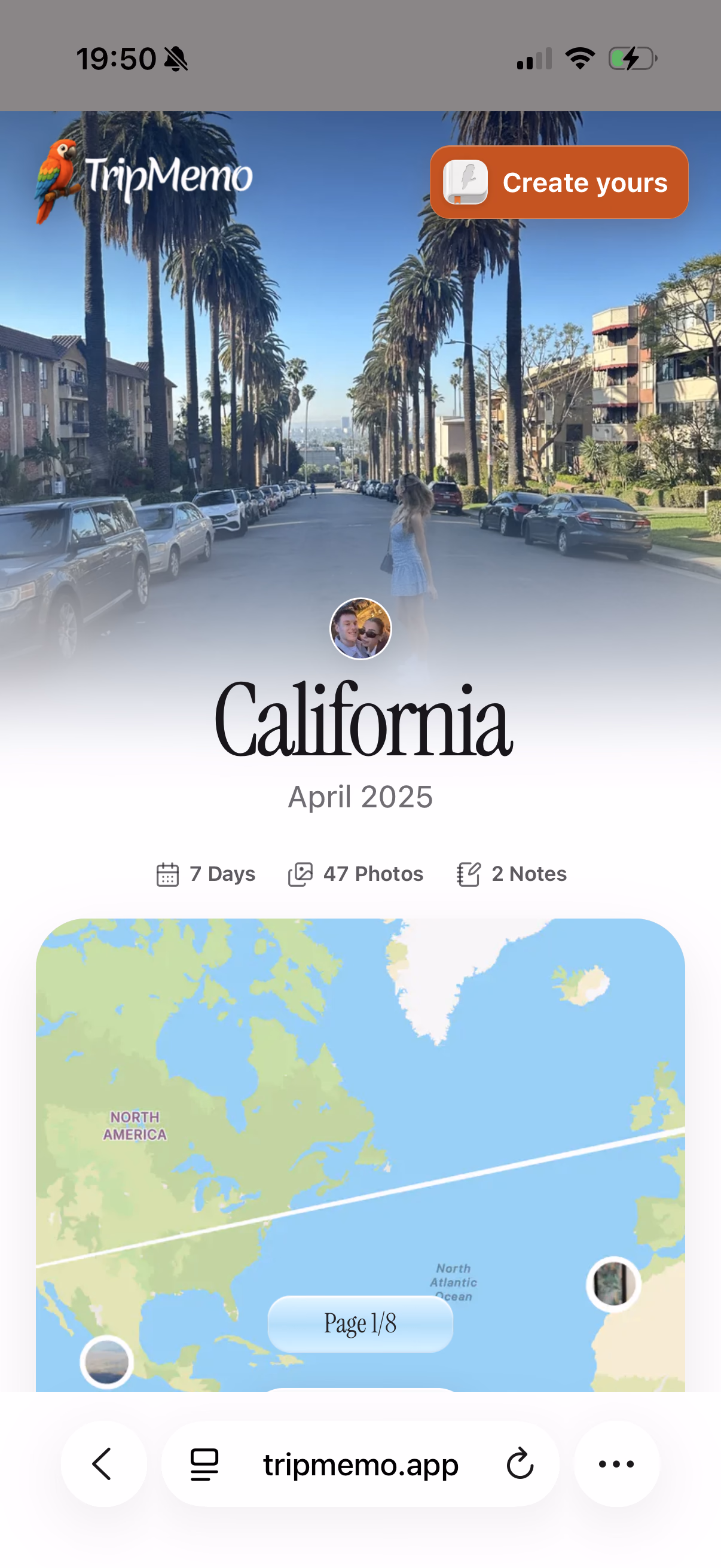 California TripBook open in a browser, showing the trip cover, seven days, 47 photos, two notes and route map