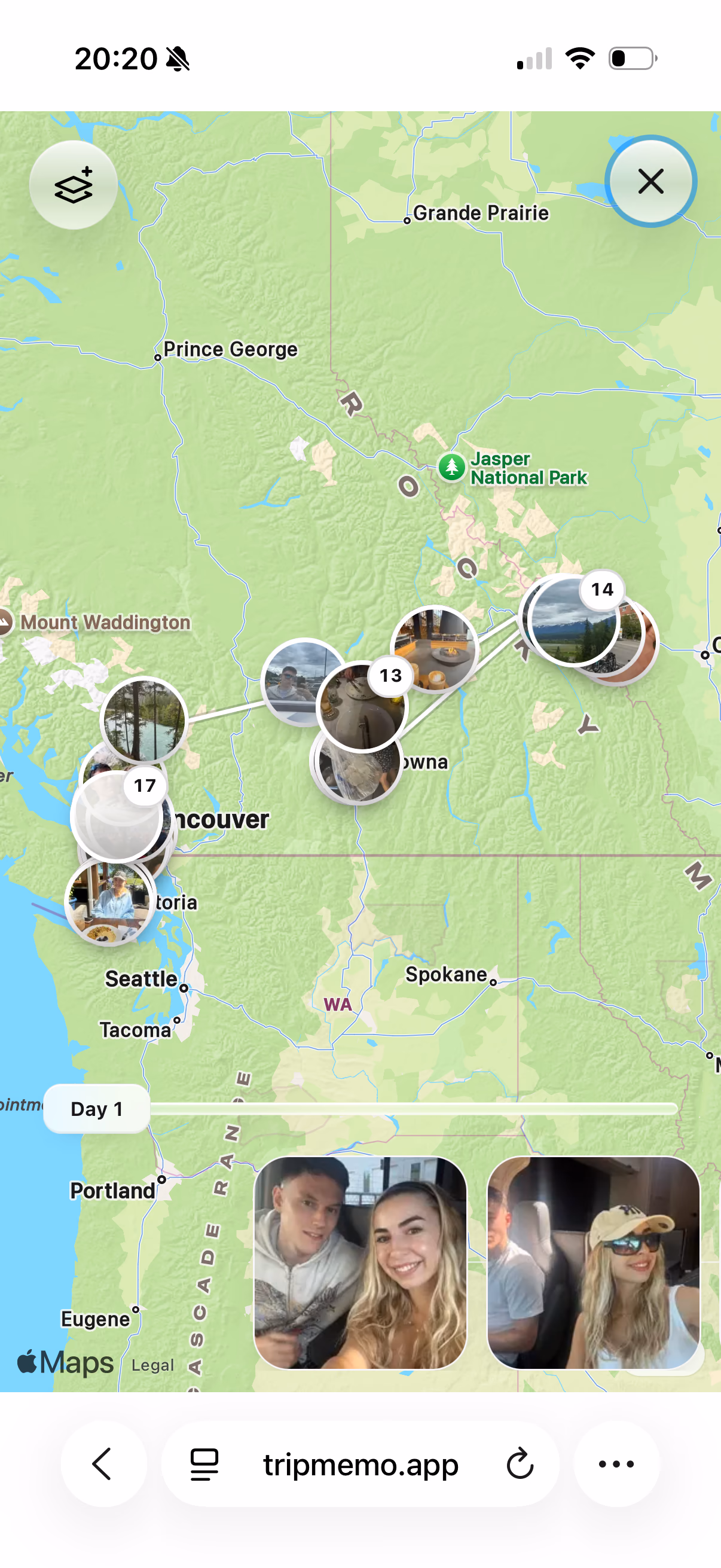 Canada TripBook viewed in a browser with travel photos pinned along the route through western Canada