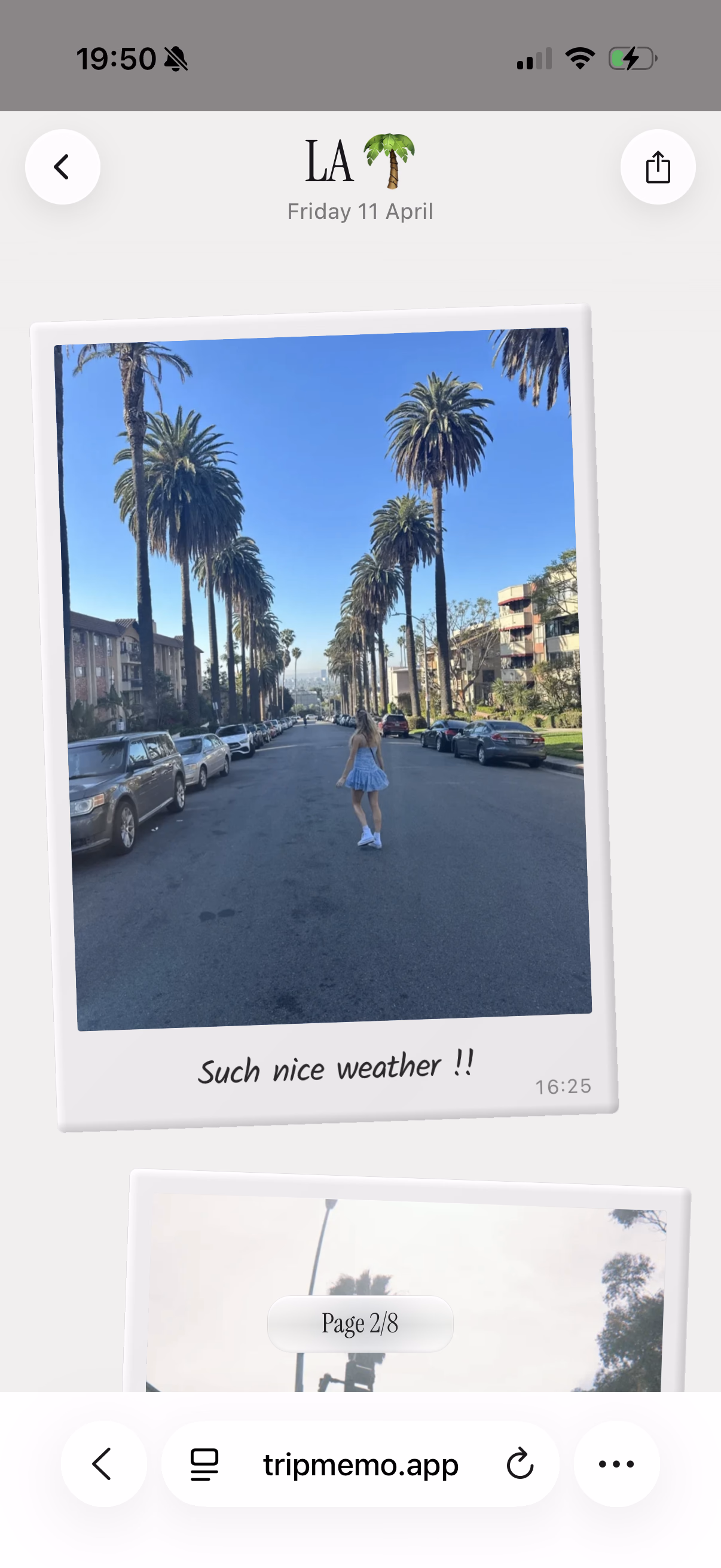 Shared TripBook open in a browser with a Los Angeles palm-lined street Polaroid and the handwritten caption Such nice weather